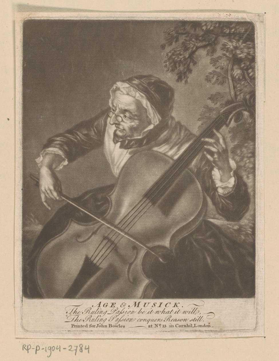 Stará žena hrající na violoncello Age & Musick (název na objektu) od Anonymous