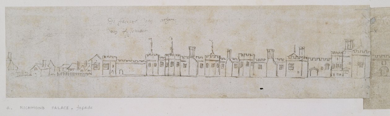 Richmondský palác, fasáda (pero a hnědý inkoust přes slabé náznaky černou křídou) od Anthonie Jacobus van Wyngaerdt