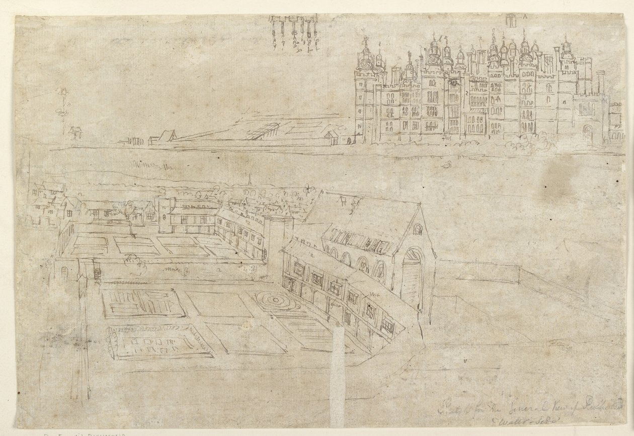 Recto: The River Front of Richmond Palace and Privy Gardens (pero a hnědý inkoust přes slabé náznaky černou křídou) od Anthonis van den Wyngaerde