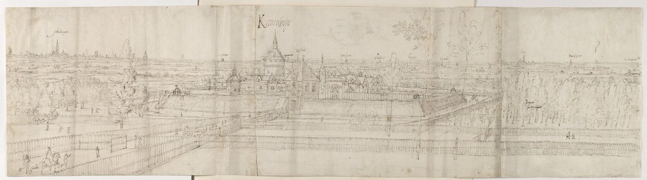 Pohled na palác Cantecroy poblíž Antverp a okolní krajiny, 1557-58 (pero a hnědý inkoust na černé křídě) od Anthonis van den Wyngaerde