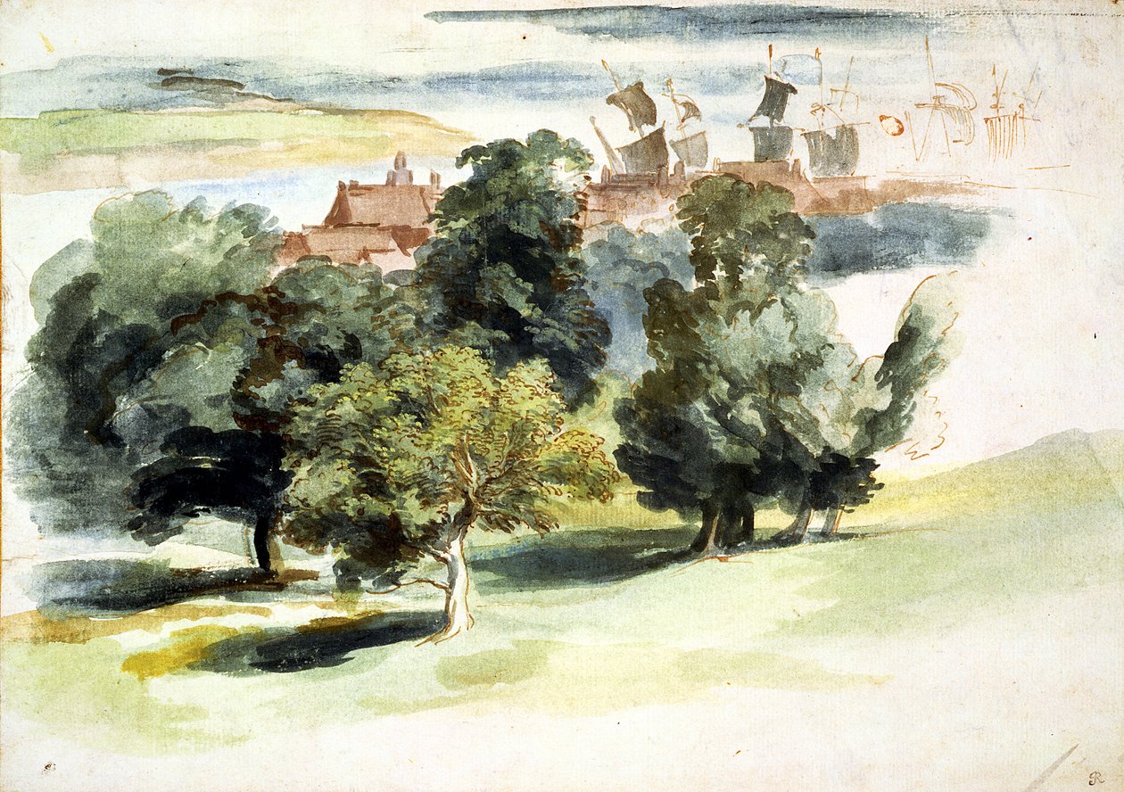 Anglická krajina, cca 1635-41 (wc, kvaš a pero a inkoust na papíře) od Anthony van Dyck