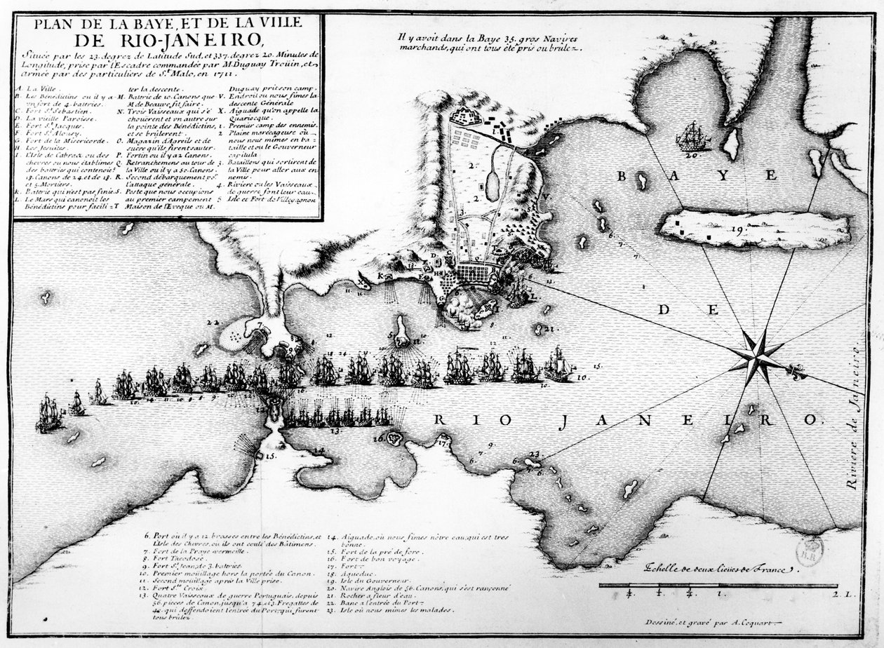 Plán zálivu a města Rio de Janeiro a rozmístění francouzských a portugalských námořních sil během francouzského útoku pod Duguay-Trouin v roce 1711, kolem roku 1730 od Antoine Coquart