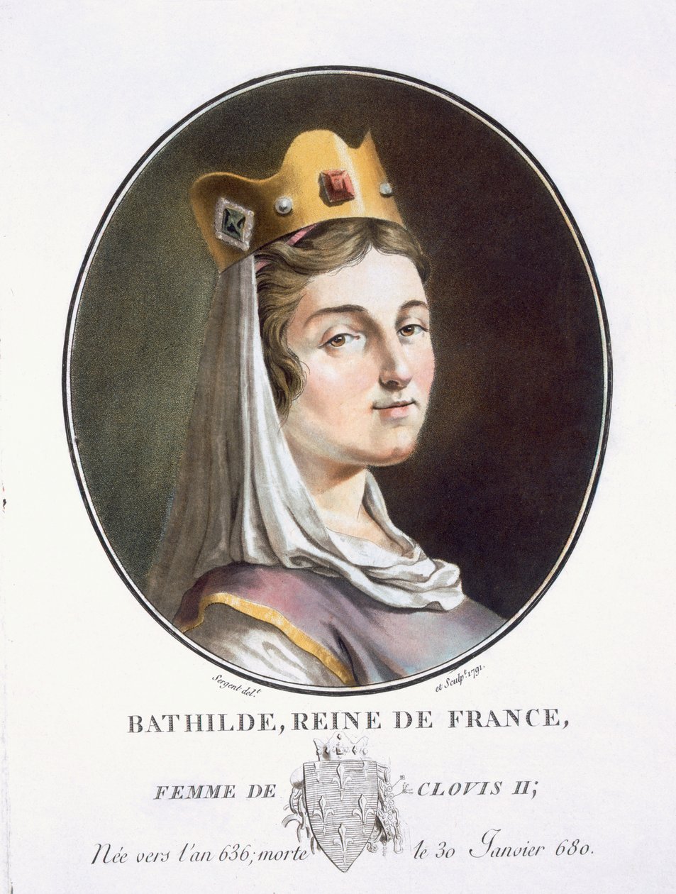 Bathilde, z knihy "Portraits des grands hommes, femmes illustres, et sujets memorables de France, grave et imprimes en couleurs", vydal Pierre Blin, 1786-92, Paříž (barevná rytina) od Antoine Louis Francois Sergent Marceau