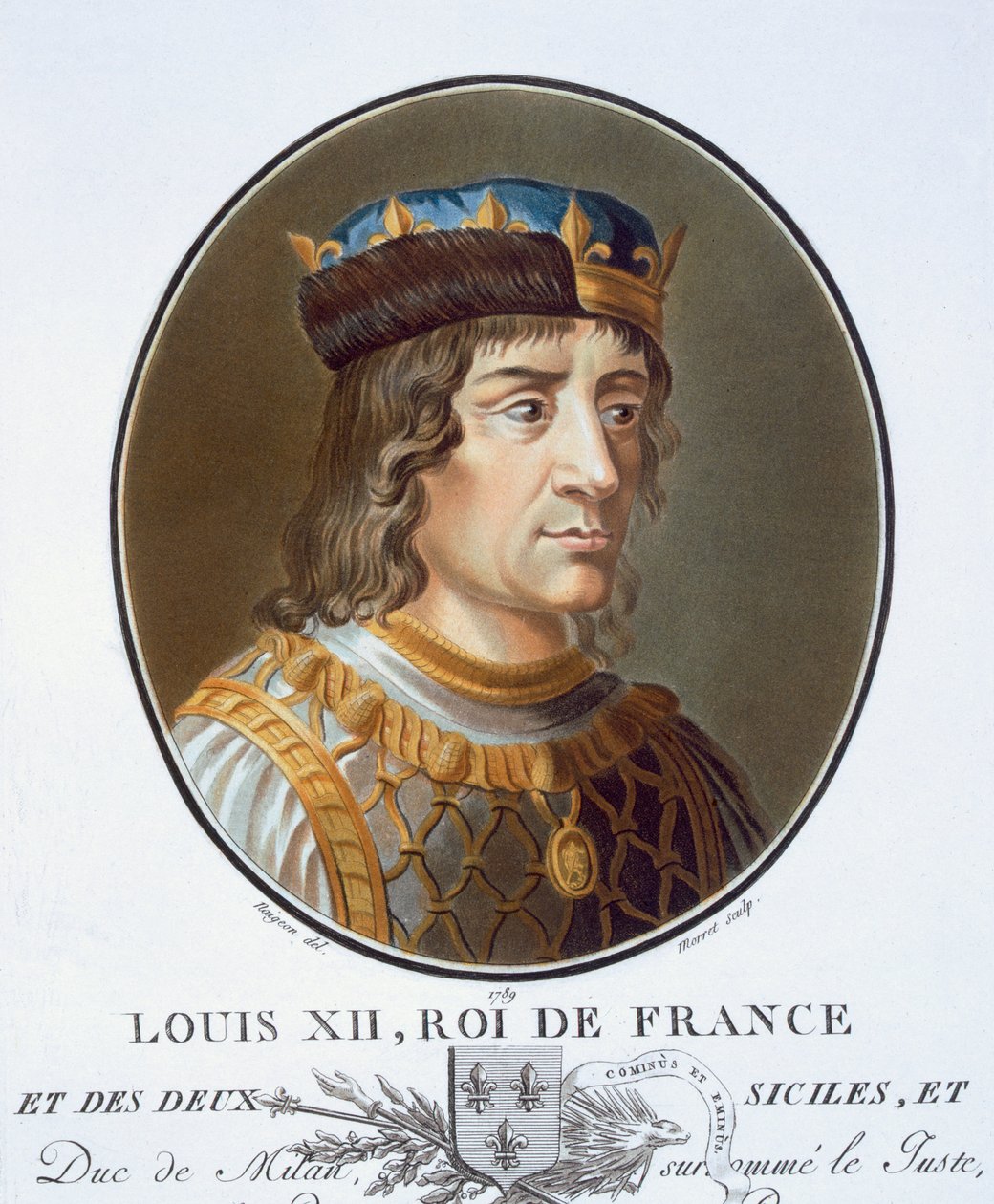 Ludvík XII., z „Portréty velkých mužů, slavných žen a nezapomenutelných předmětů Francie, ryté a tištěné v barvách“, vydal Pierre Blin, 1786-92, Paříž (barevná rytina) od Antoine Louis Francois Sergent Marceau