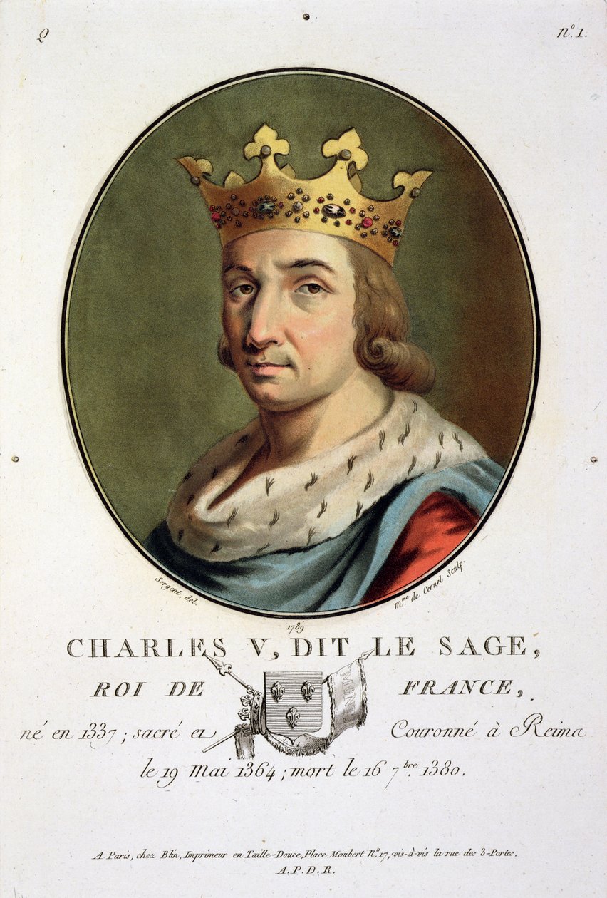 Portrét Karla V., zvaného „Moudrý“ francouzský král (1337-80), vyrytý Madame de Cernel, 1789 od Antoine Louis Francois Sergent Marceau