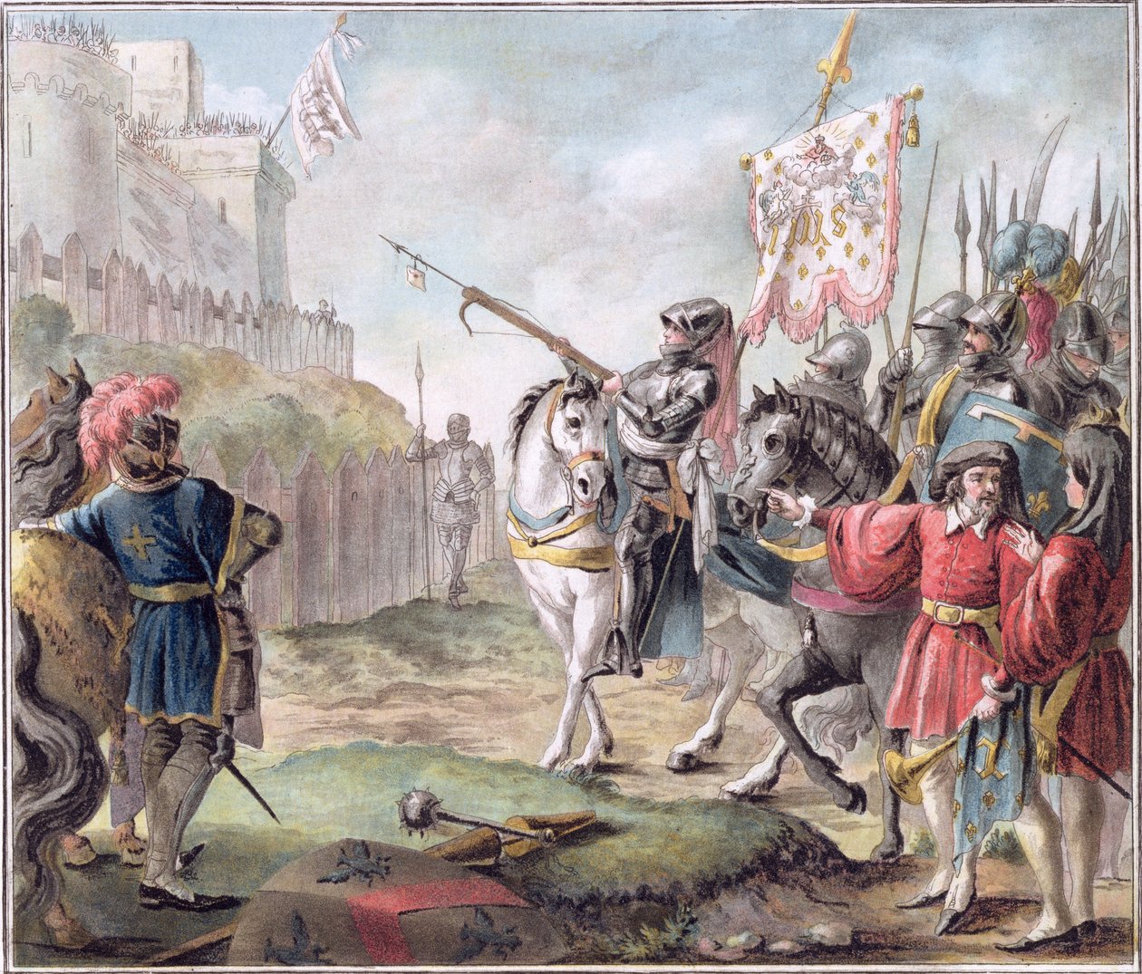 Johanka z Arku (1412-31) přikazuje Angličanům opustit Francii, vyryl Louis Roger, 1787 od Antoine Louis Francois Sergent Marceau