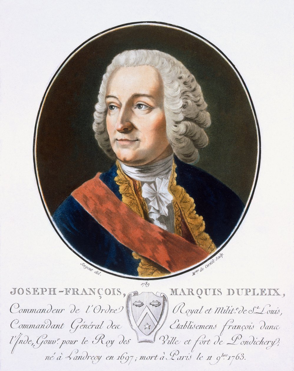 Joseph-Francois, markýz Dupleix, z „Portréty velkých mužů, slavných žen a památných předmětů Francie, ryté a tištěné v barvách“, vydal Pierre Blin, 1786-92, Paříž (barva od Antoine Louis Francois Sergent Marceau
