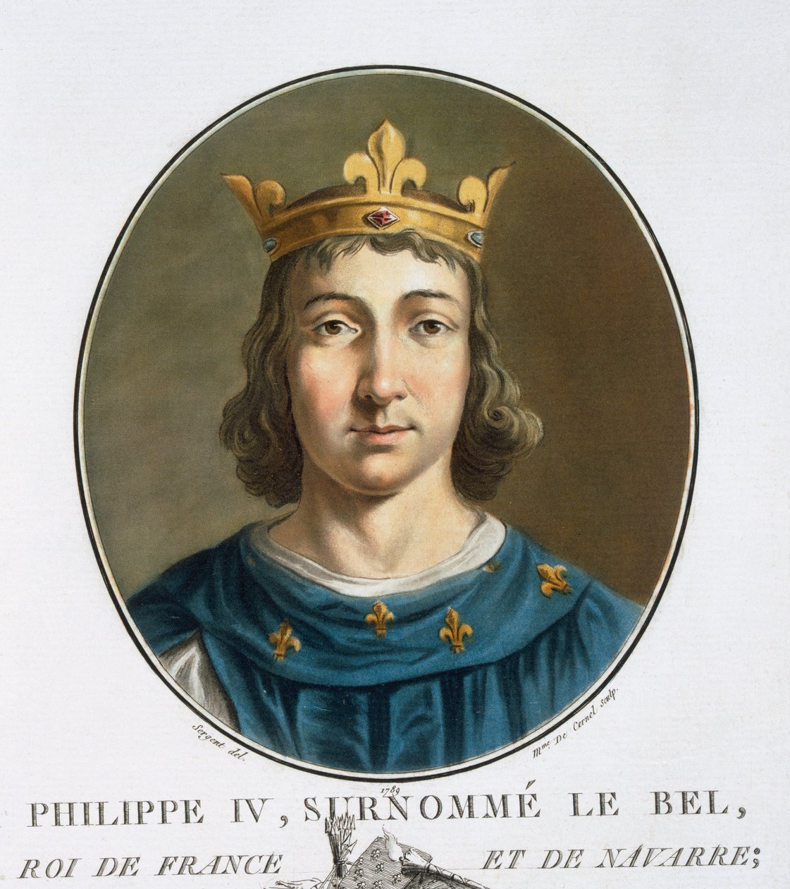 Philippe IV, z „Portréty velkých mužů, slavných žen a nezapomenutelných předmětů Francie, ryté a tištěné v barvách“, vydal Pierre Blin, 1786-92, Paříž (barevná rytina) od Antoine Louis Francois Sergent Marceau
