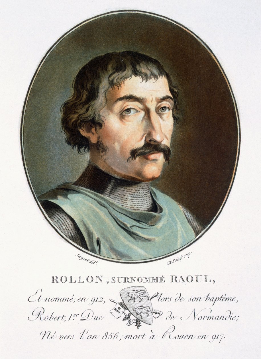 Rollo Dán, vévoda z Normandie, z „Portréty velkých mužů, slavných žen a památných námětů Francie, ryté a tištěné v barvách“, vydal Pierre Blin, 1786-92, Paříž (barva od Antoine Louis Francois Sergent Marceau