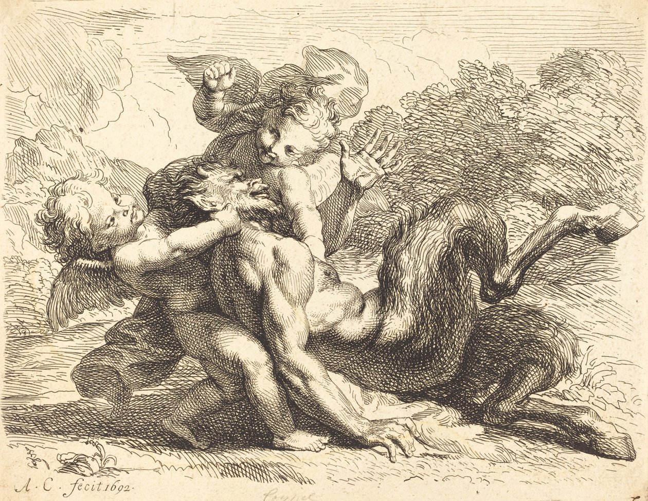 Pan Overcomed od Putti od Antoine Coypel