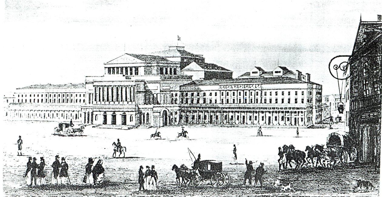 Pohled na Velké divadlo, Varšava, rytý Adam Pilinski (1810-87) od Antonio Corazzi