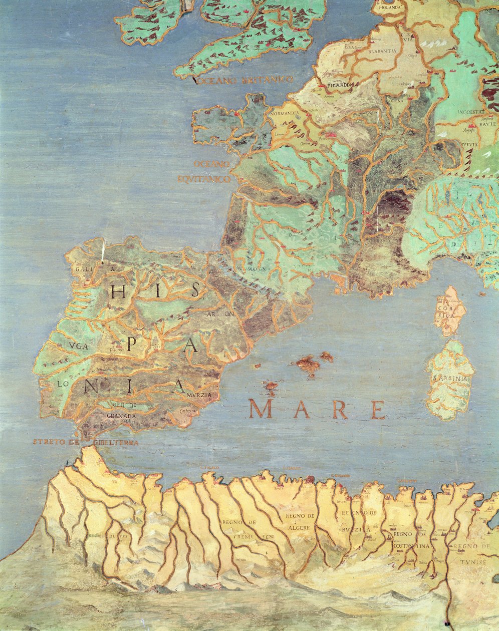Mapa Francie, Španělska a severozápadní Afriky z „Sala Del Mappamondo“ (Síň map světa) od Antonio Giovanni de Varese