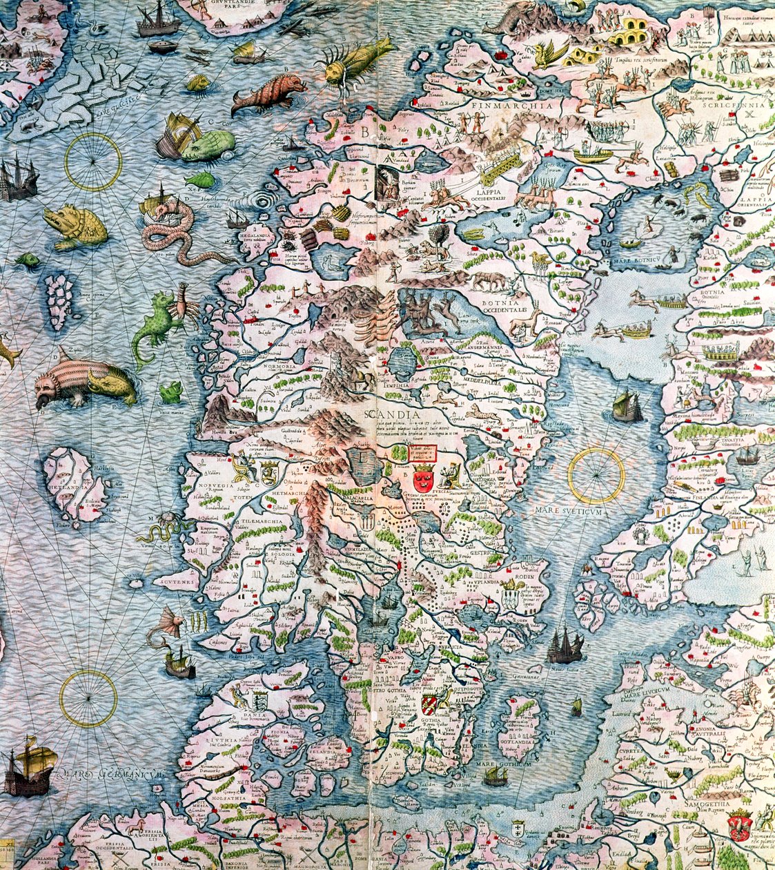 Skandinávie, detail z Carta Marina da Olaus Magnus, 1572 od Antonio Lafreri