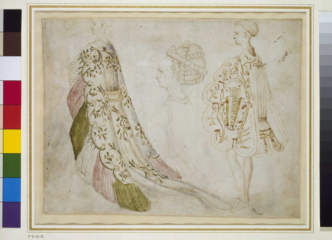 Recto: Studie kostýmů (pero a inkoust s wc na pergamenu) od Antonio Pisanello
