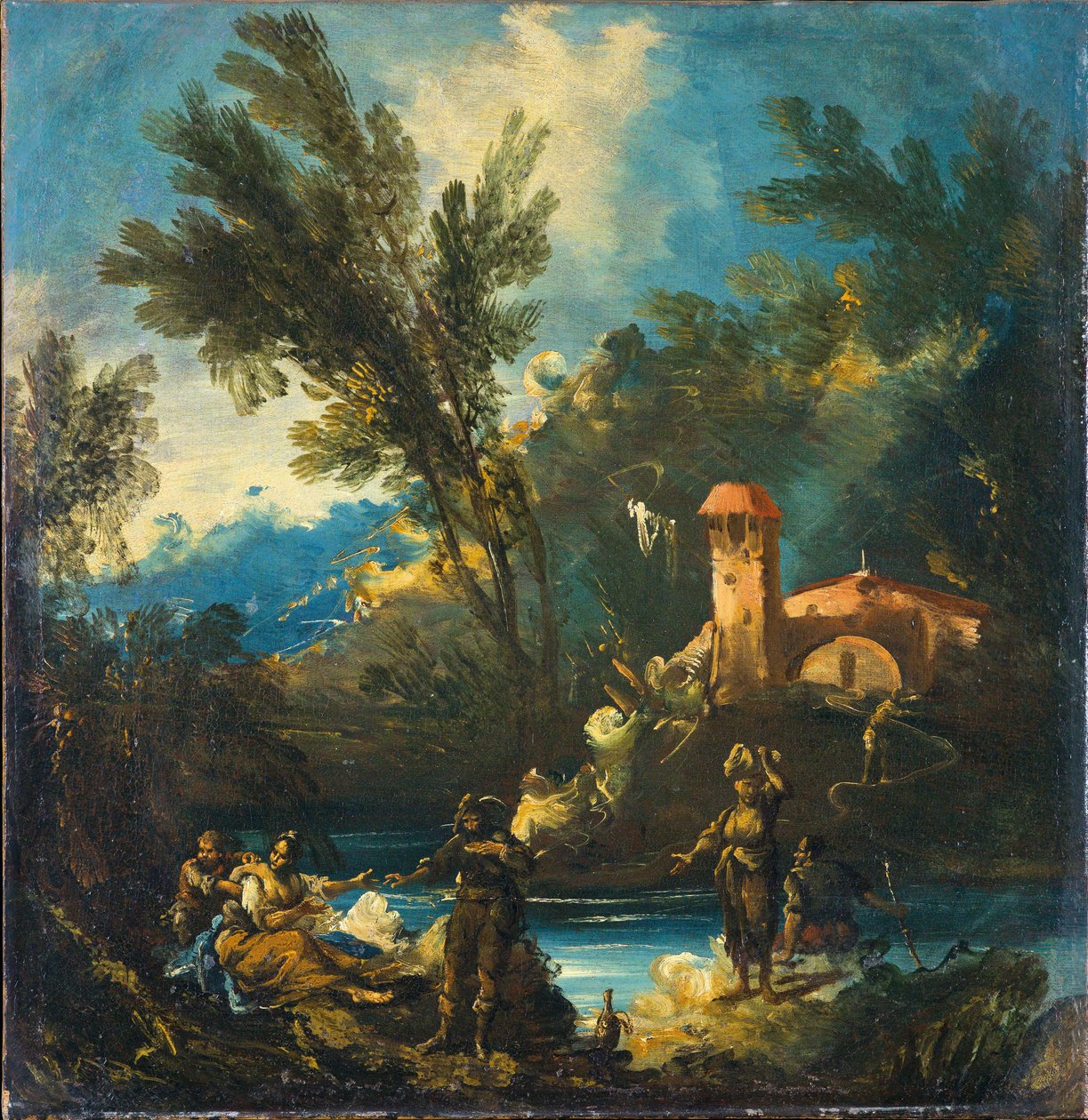 Zalesněná říční krajina s postavami od Antonio Francesco Peruzzini