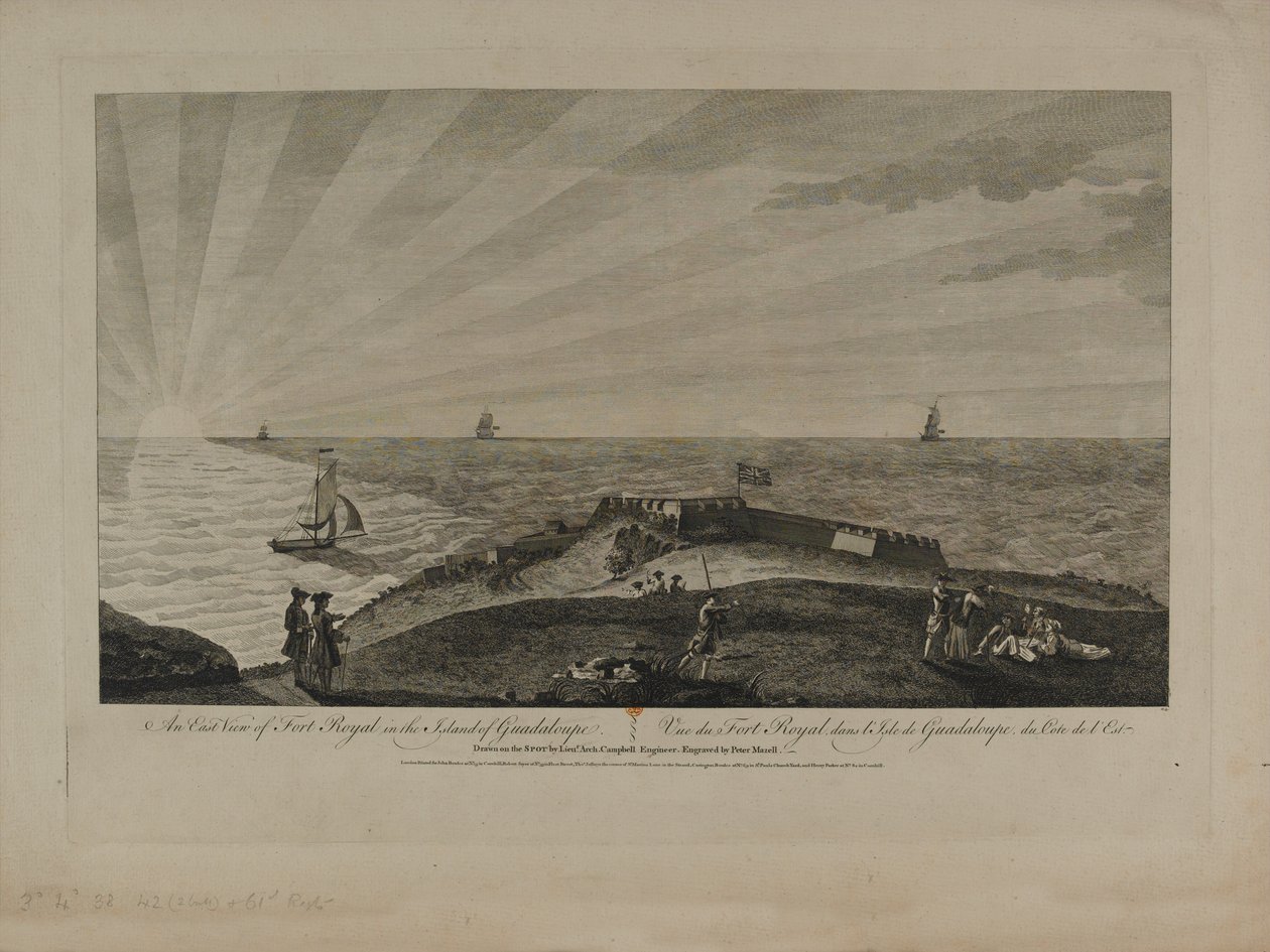 East View of Fort Royal na ostrově Guadeloupe, vyrytý Peter Mazell (fl.1761-97), publikováno kolem roku 1759 od Archibald Campbell