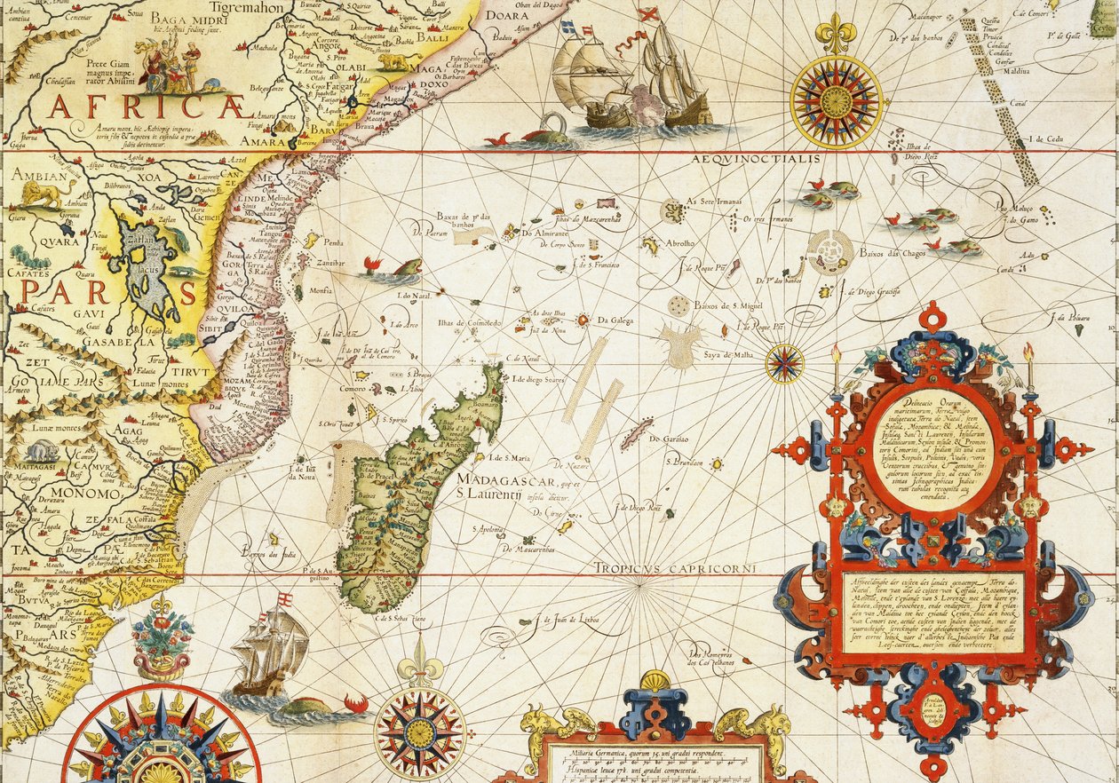 Mapa východní Afriky a Madagaskaru, 1596 (ručně kolorovaná rytina) od Arnold Florent van Langren