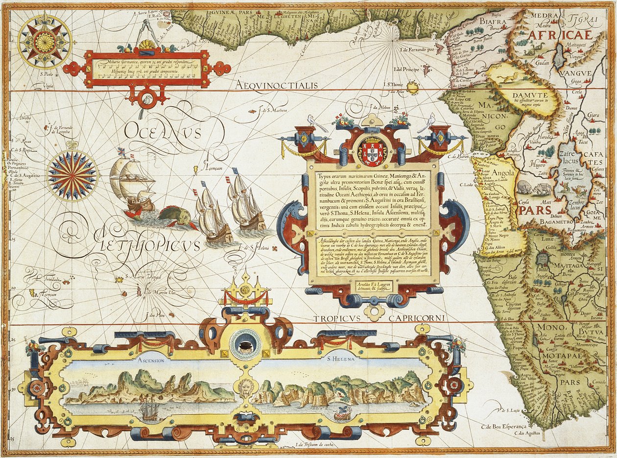 Mapa západoafrického pobřeží, 1596 (ručně kolorovaná rytina) od Arnold Florent van Langren