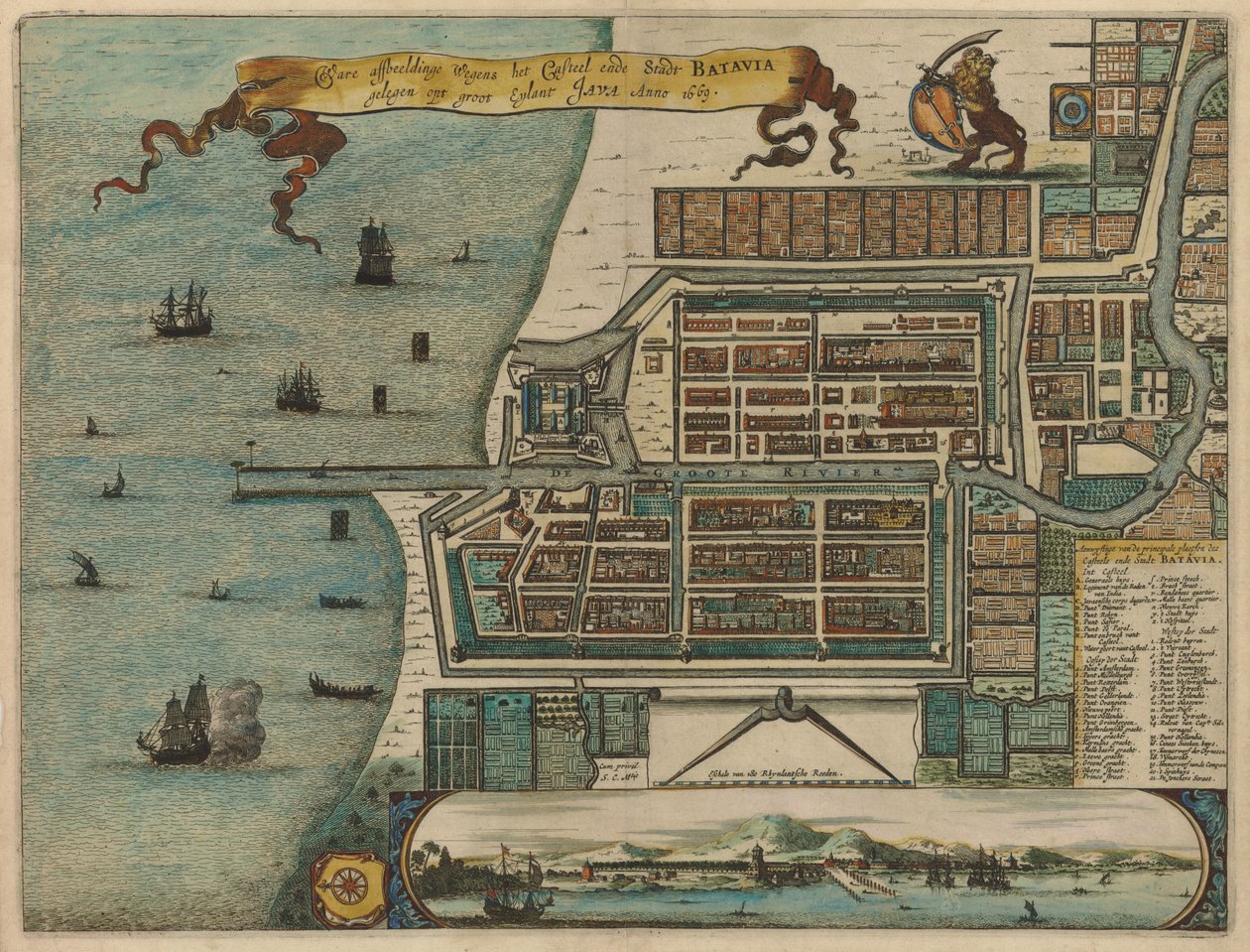 Waere vyobrazení Kvůli Casteel ende Stadt BATAVIA nachází opt Groot Eylant JAVA Anno 1669 od Arnoldus Montanus