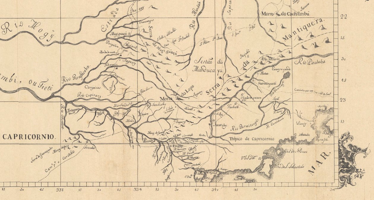 Capitania de São Paulo v roce 1766 v Carta corográfica dos limites do Estado de Minas Gerais com o de São Paulo. od Aroeira