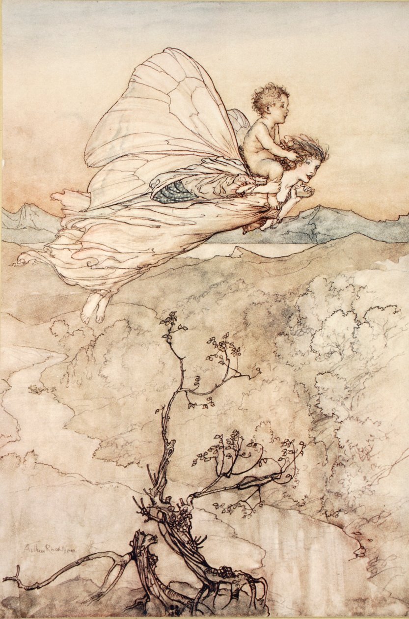 ..A její víla poslala, aby ho nesla na můj altánek v pohádkové zemi, ilustrace ze „Snu nocí svatojánských“ od Williama Shakespeara, 1908 od Arthur Rackham