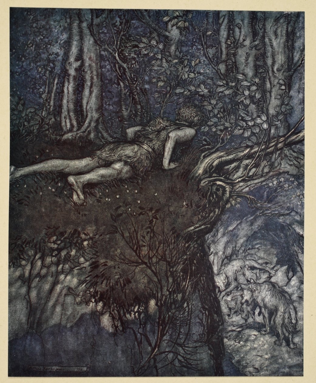 „A tam jsem poznal, jaká je láska“, ilustrace z „Siegfried a soumrak bohů“, 1924 od Arthur Rackham