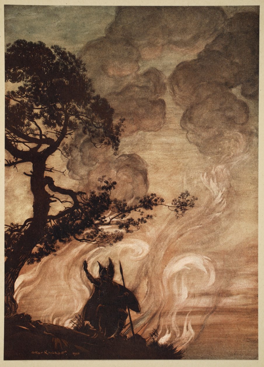 Jak se pomalu vzdaluje, Wotan se otočí a smutně se ohlédne zpět na Brunnhilde, ilustrace z „The Rhinegold and the Valkyrie“, 1910 od Arthur Rackham