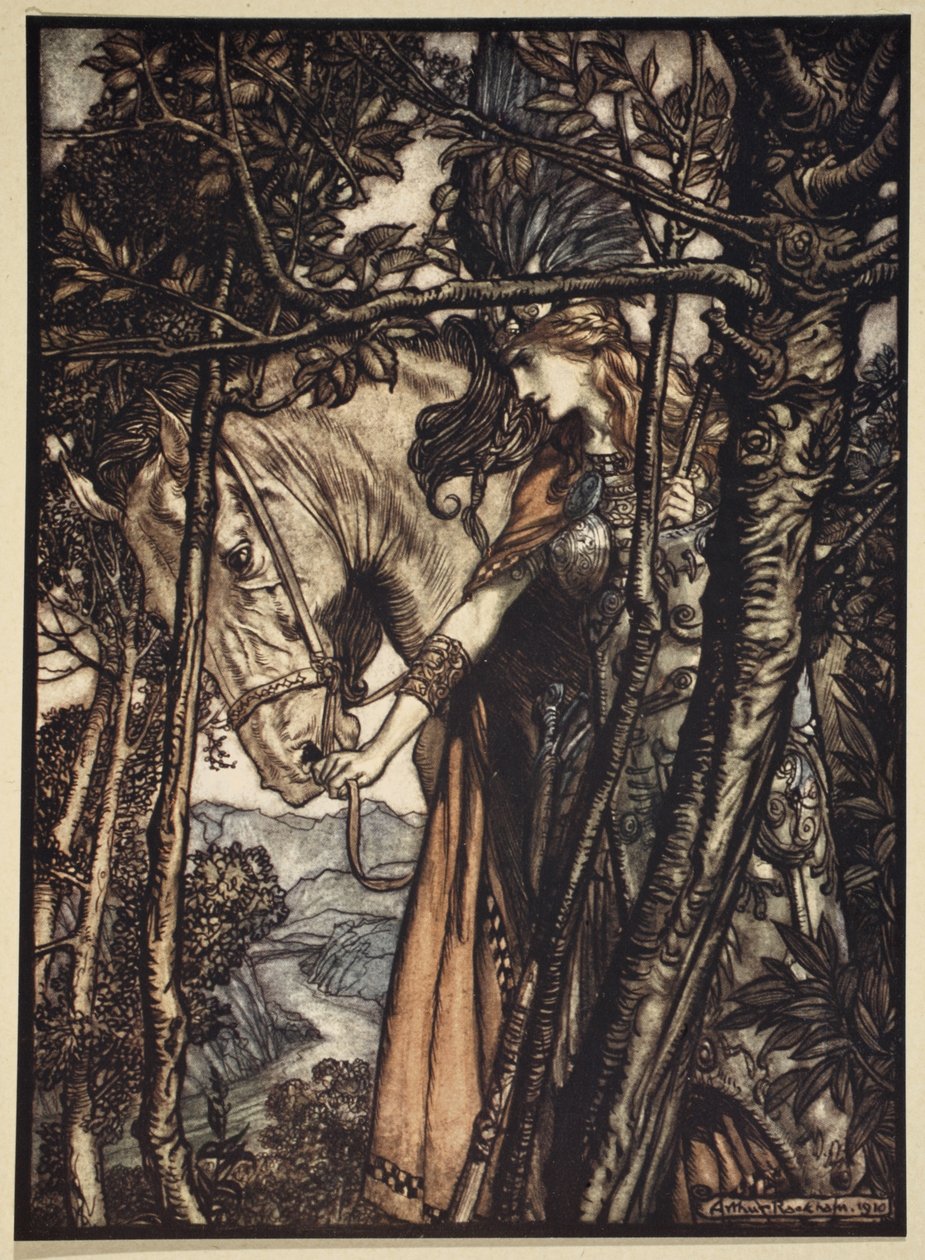 Brunnhilda pomalu a tiše vede svého koně po cestě k jeskyni, ilustrace z "Rýnského zlata a valkýry", 1910. od Arthur Rackham
