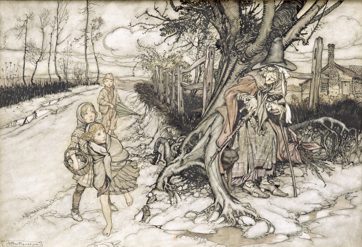 Děti vyděšené čarodějnicí (wc, pero a inkoust na papíře) od Arthur Rackham