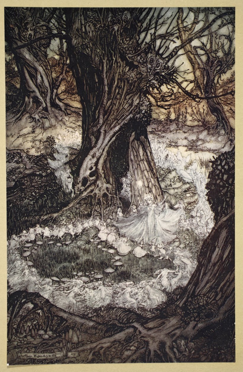 Pojďte nyní na kole, Ilustrace ze „Snu noci svatojánské“, od Williama Shakespeara, 1908 od Arthur Rackham