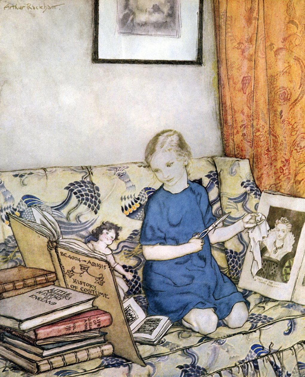 Dívka si vyrábí kostým od Arthur Rackham