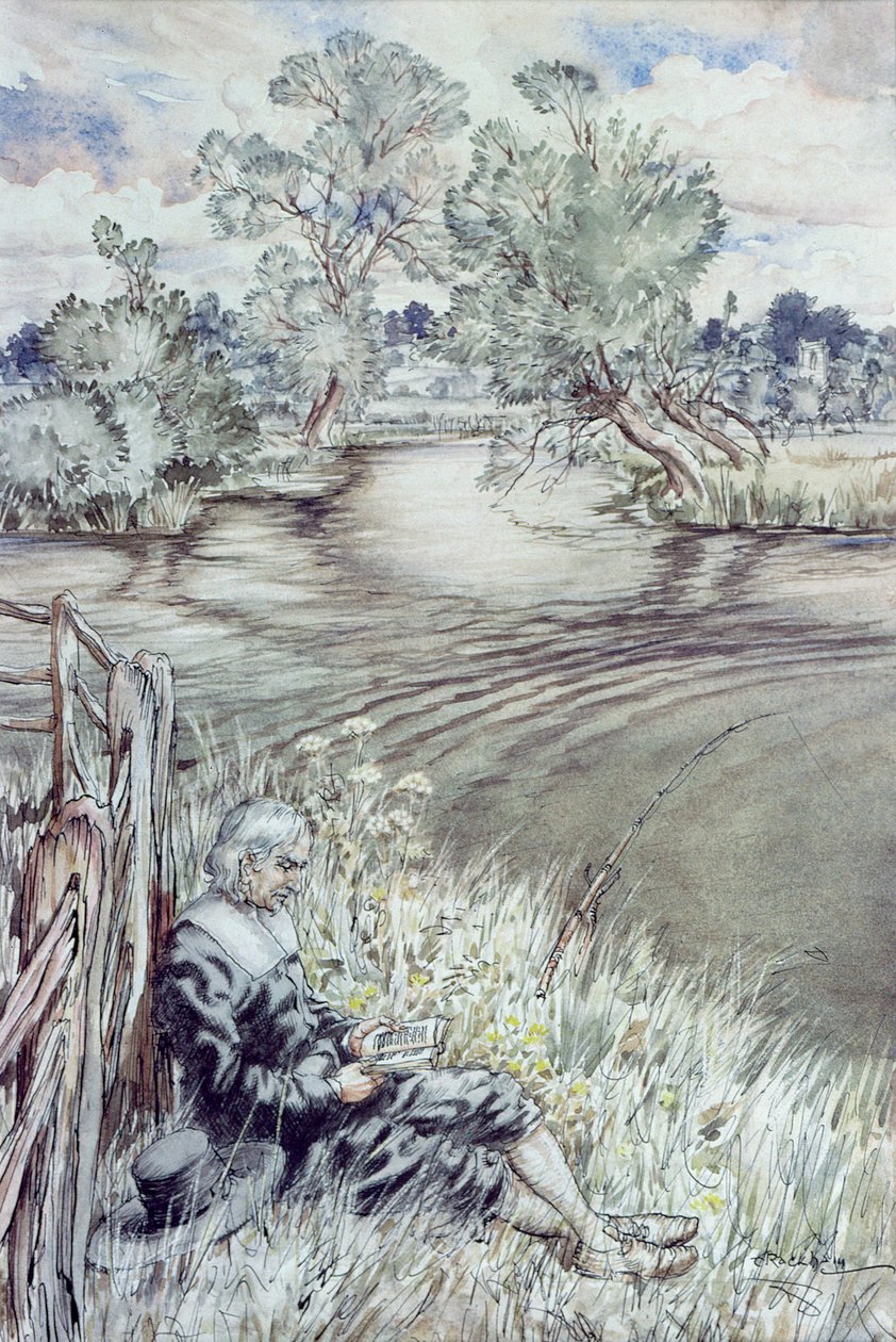 Izaak Walton ležící proti plotu, z „The Compleat Angler“ od Izaaka Waltona, 1931 od Arthur Rackham