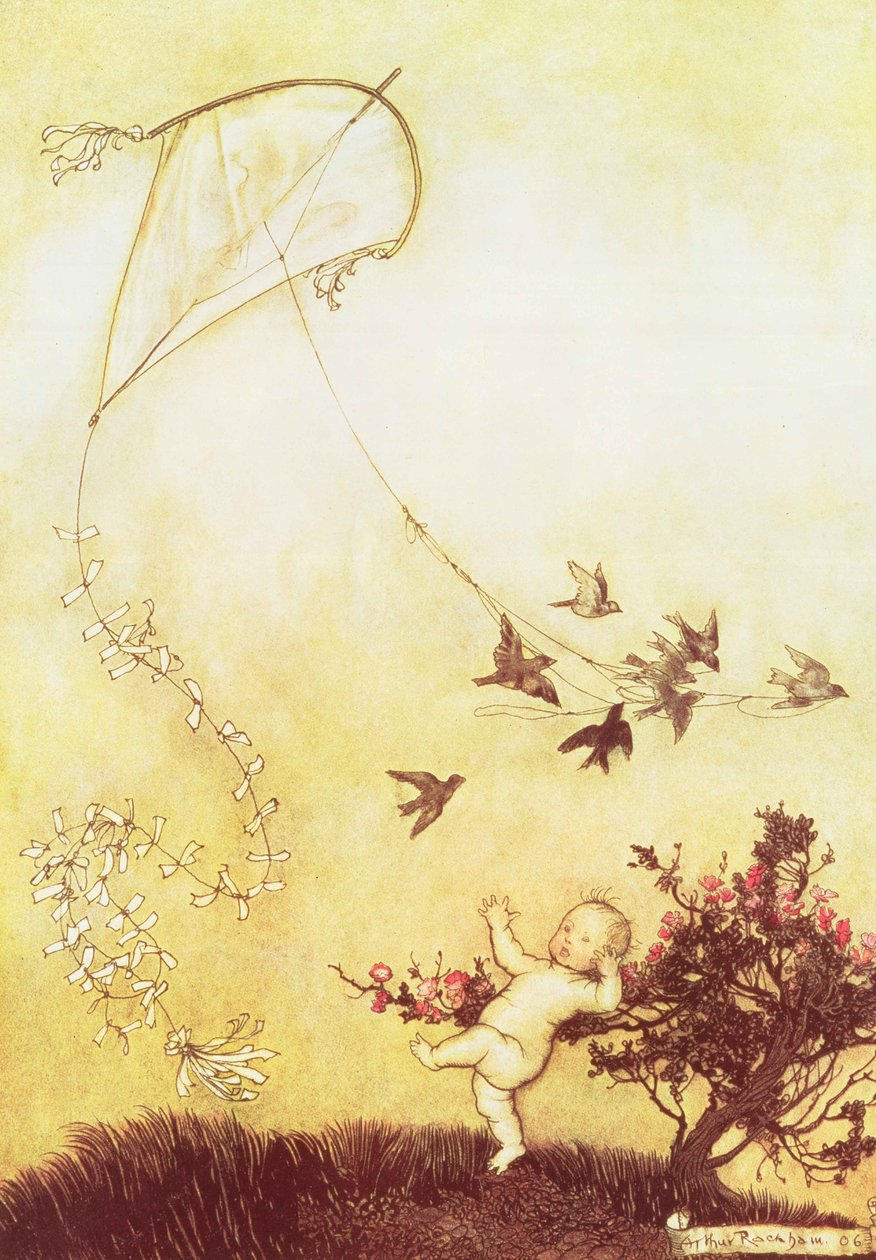 Létání draka v Kensington Gardens z filmu „Peter Pan v Kensington Gardens“ od J. M. Barrieho, 1906 od Arthur Rackham