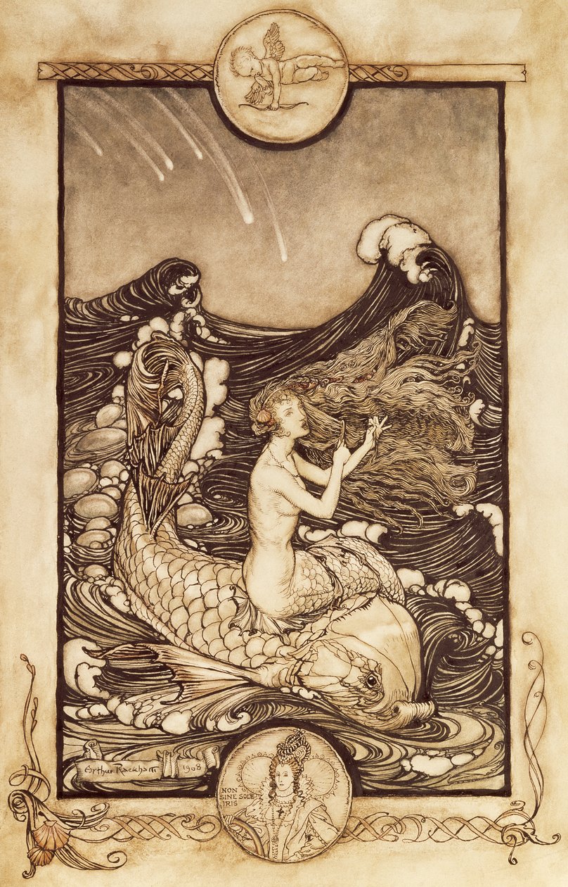 Mořská panna a delfín ze „Snu noci svatojánské“, 1908 od Arthur Rackham