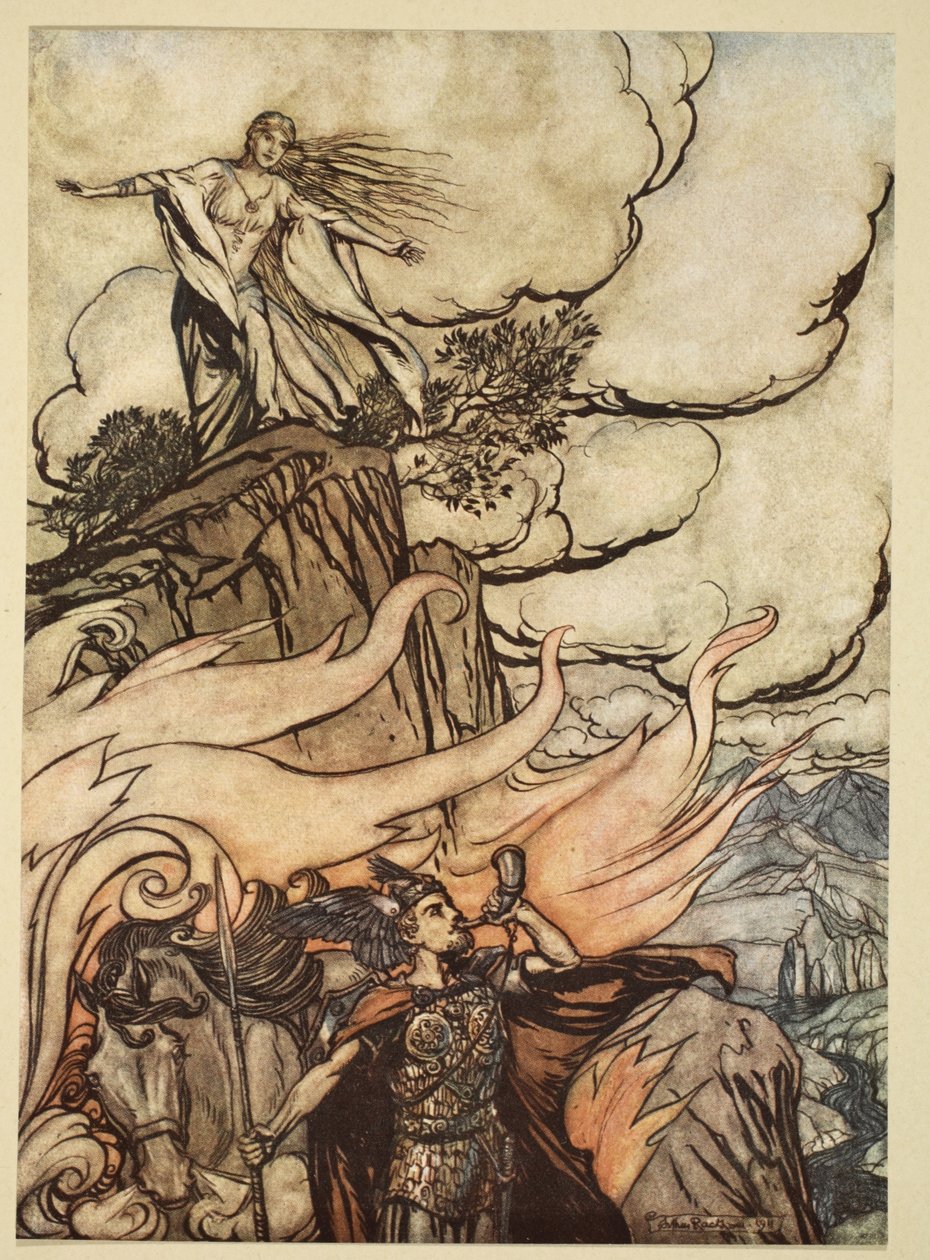 Siegfried opouští Brunnhildu při hledání dobrodružství, ilustrace z „Siegfried a soumrak bohů“, 1924 od Arthur Rackham