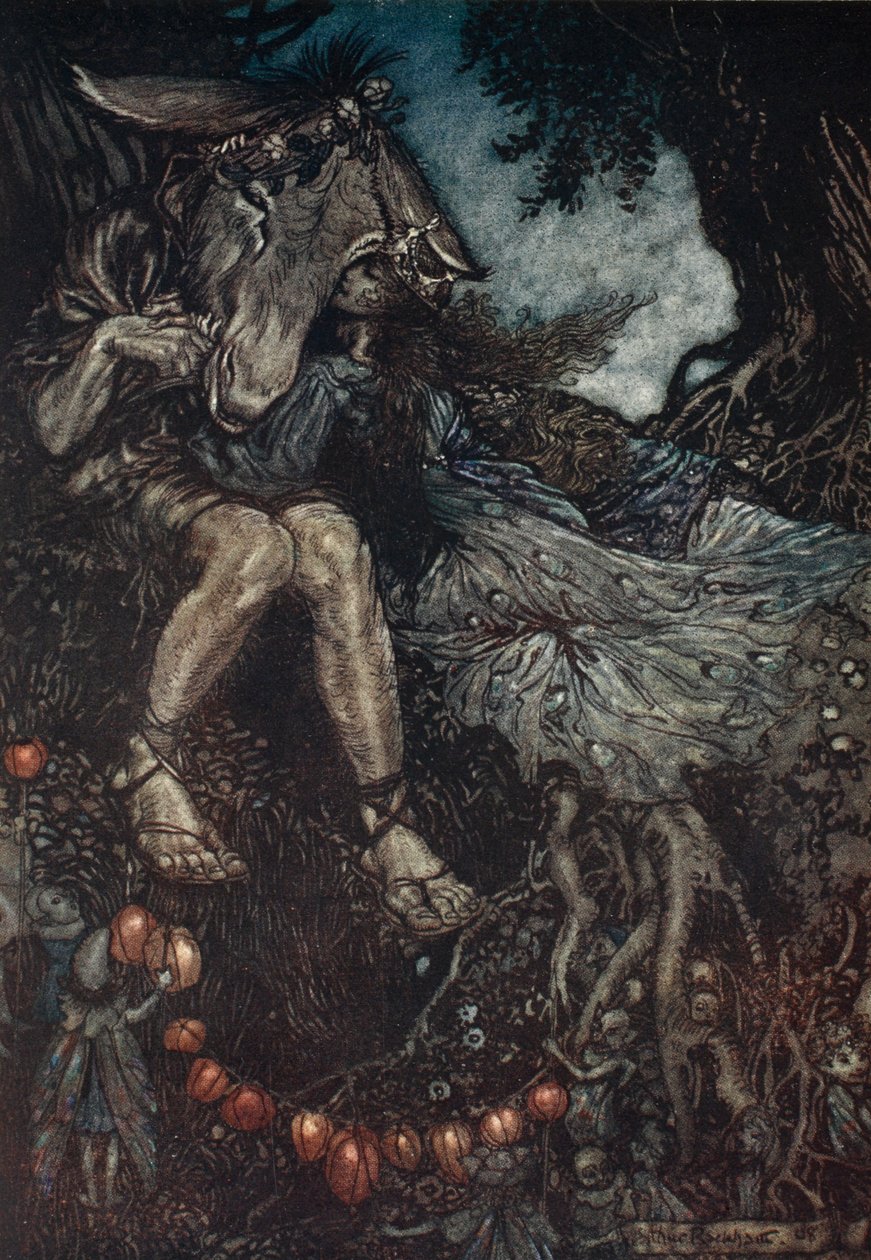 Spi ty, a já si tě namotám do náruče, ilustrace ze „Snu nocí svatojánských“ od Williama Shakespeara, 1908 od Arthur Rackham