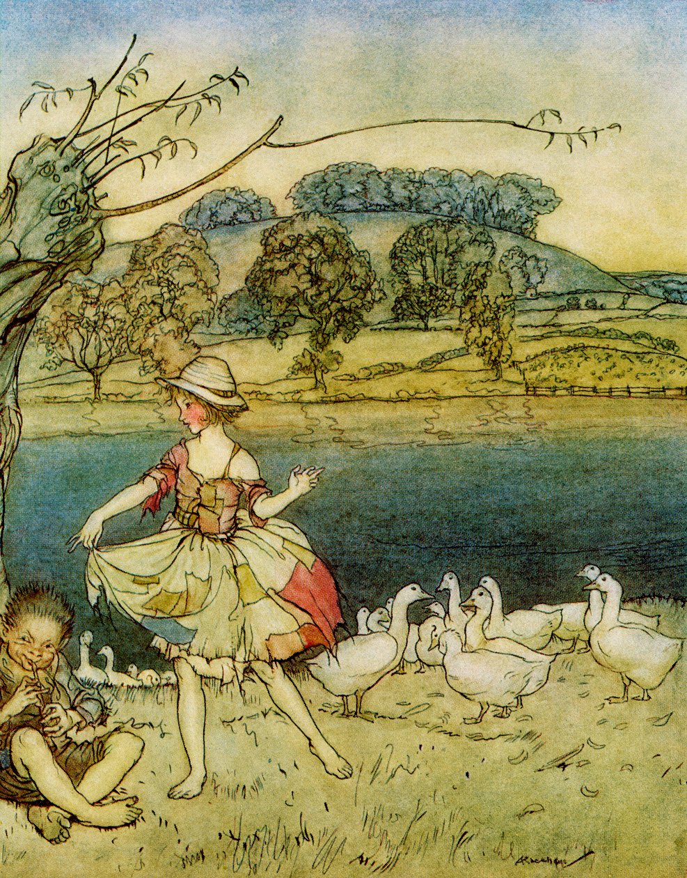 Tattercoats tančí, zatímco pasáčci píšťal, z anglických pohádek převyprávěných F.A. Steelem, 1927 od Arthur Rackham