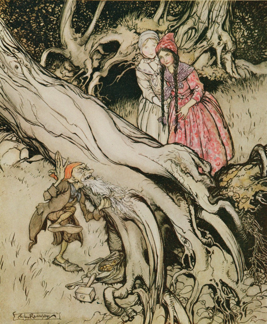 Konec jeho vousů byl zachycen na stromě, ilustrace ze Sněhurky a růže červené, z Pohádek bratří Grimmů, 1900 od Arthur Rackham