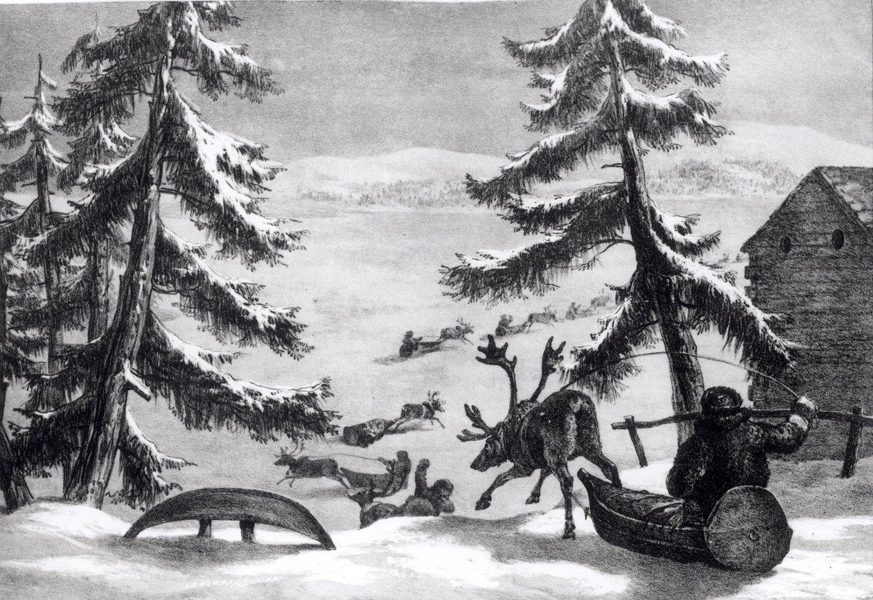 Sáně tažené soby, z Brookeova díla "Winter Sketches in Lapland", vydaného v roce 1827. od Arthur de Capell Brooke