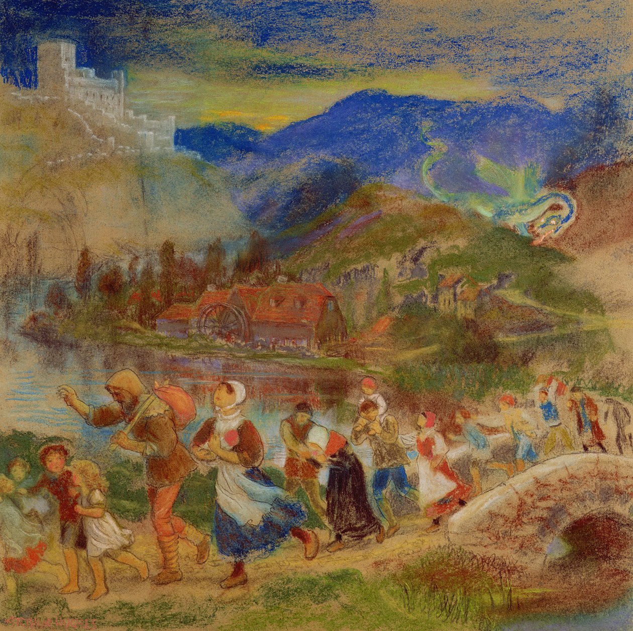 Vesničané prchající před drakem od Arthur Hughes