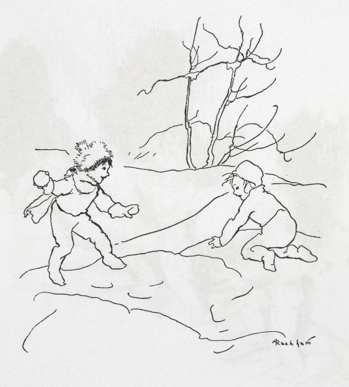 Dvě děti mají sněhovou koulovačku od Arthur Rackham