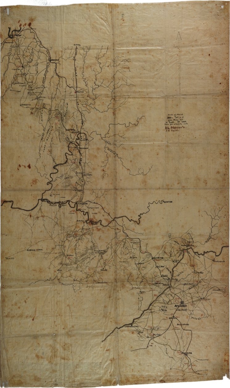 Rukopisná mapa občanské války tažení generála Shermana v Atlantě, kolem roku 1864 od Asbury L. and Snell, J.P. Stevens