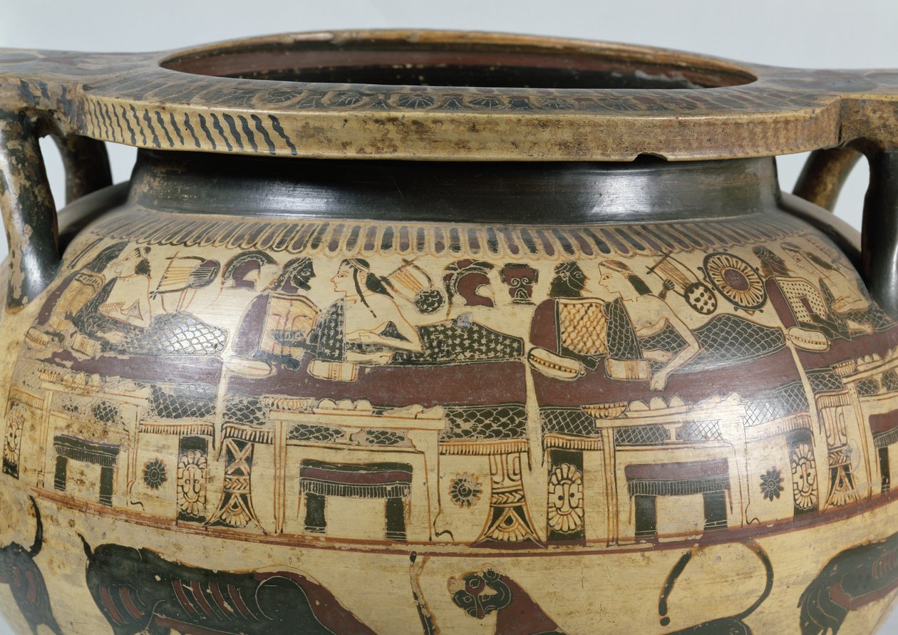 Detail korintského kráteru s banketovou scénou, cca 590-575 př.nl (keramika) od Athana Painter