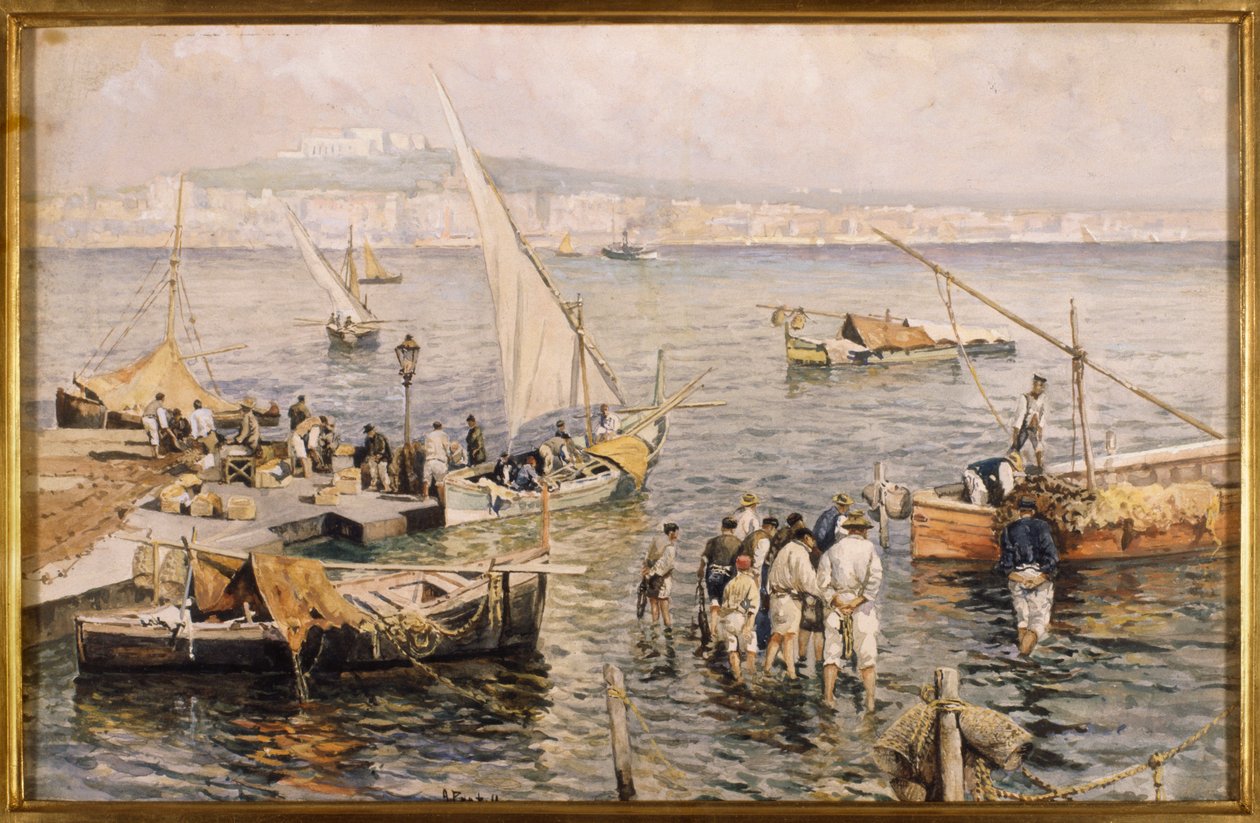 Marina s rybáři (akvarel) od Attillo Pratella