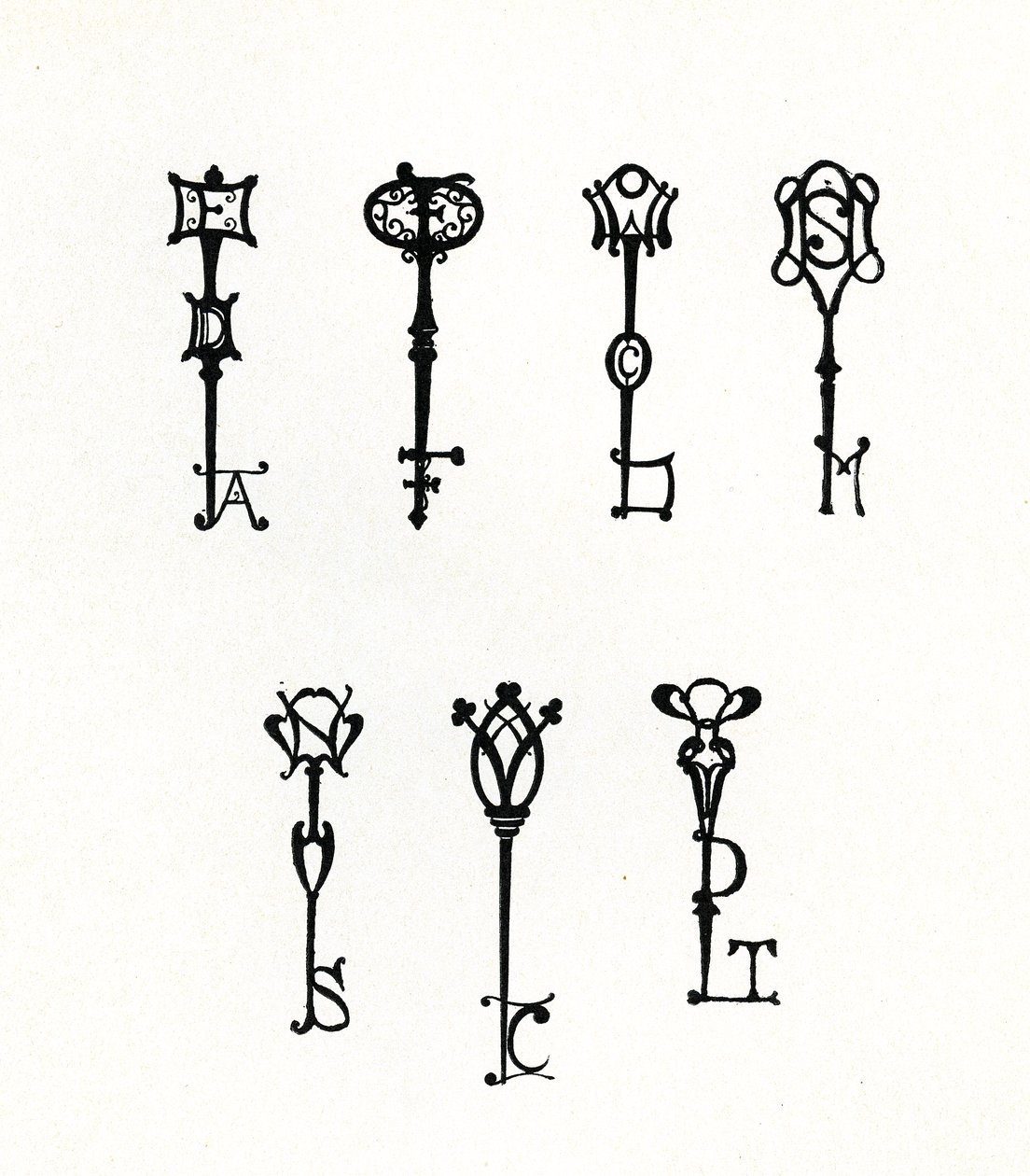 Sedm návrhů počátečních klíčů pro zadní kryty série „Keynote“. od Aubrey Beardsley