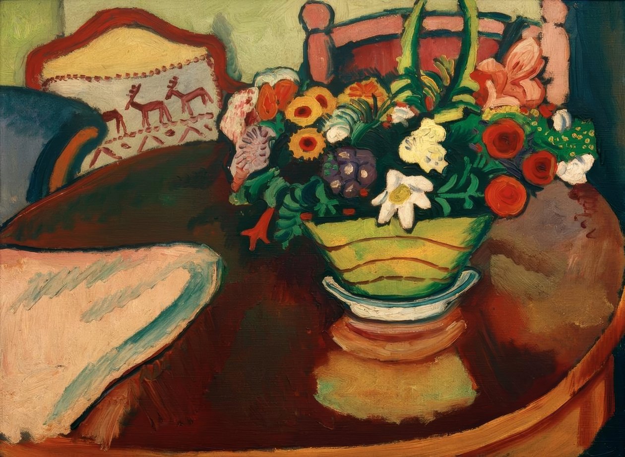 Zátiší s jelením polštářem a kyticí od August Macke