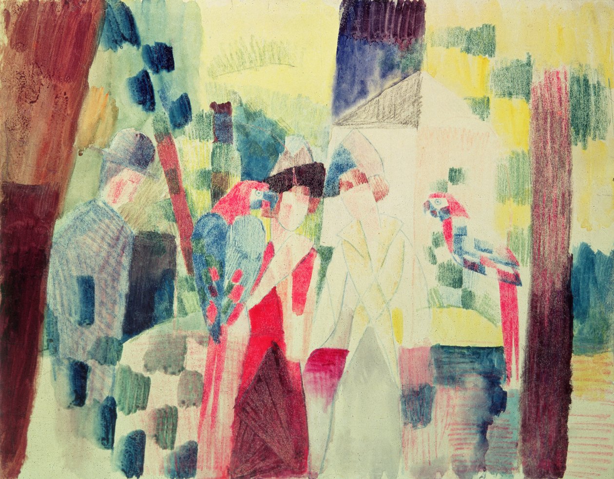 Dvě ženy a muž s papoušky, 20. století od August Macke