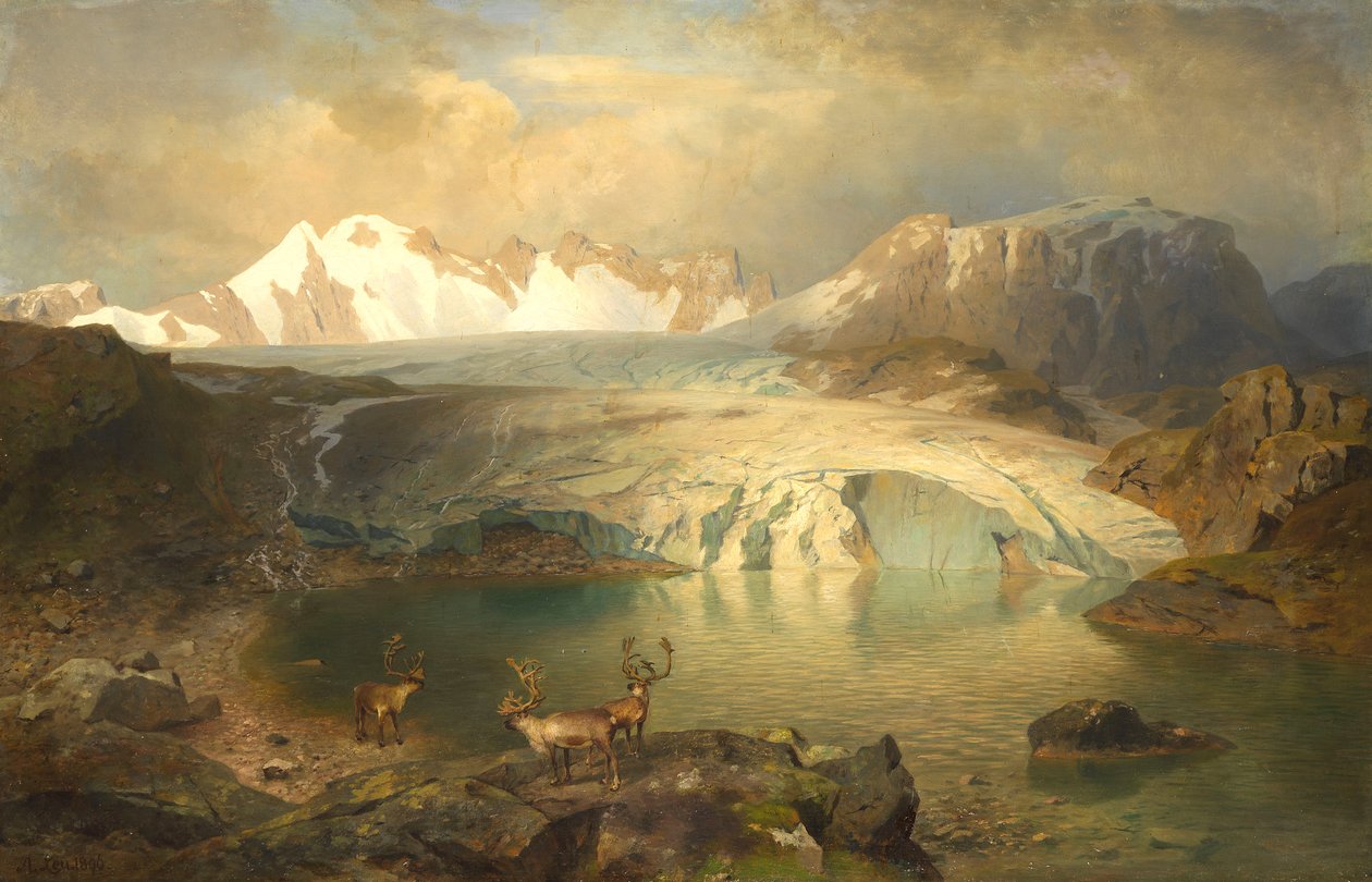 Krajina fjordu s ledovcem a soby od August Wilhelm Leu