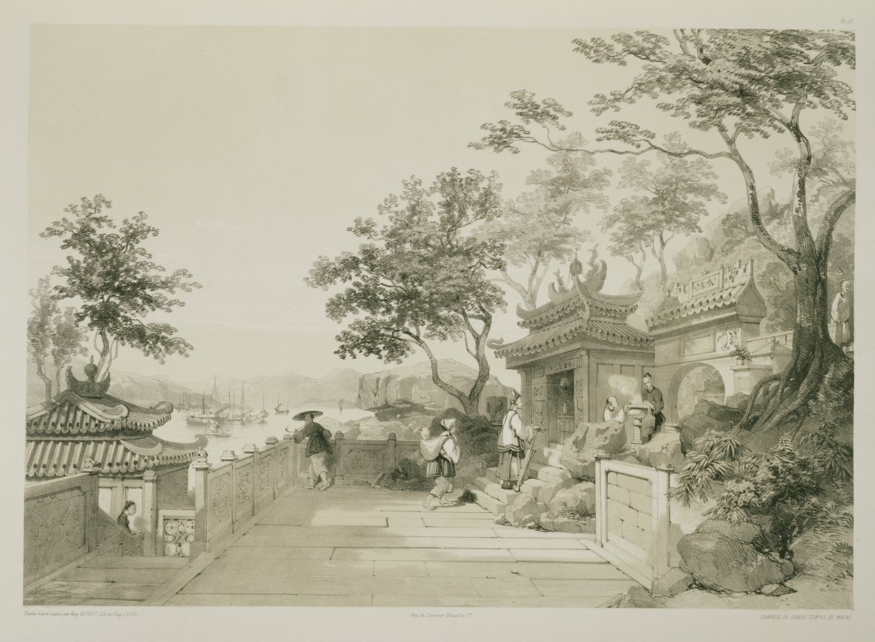 Kaple Velkého chrámu v Macau, deska 10 z knihy "Sketches of China", vyryl Eugene Ciceri (1813-90) 1842 (tónovaná litografie) od Auguste Borget