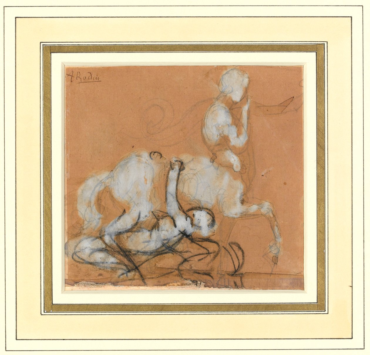 Achilles a Cheiron (grafit, křída a hnědá barva s bílým zvýrazněním na papíře) od Auguste Rodin